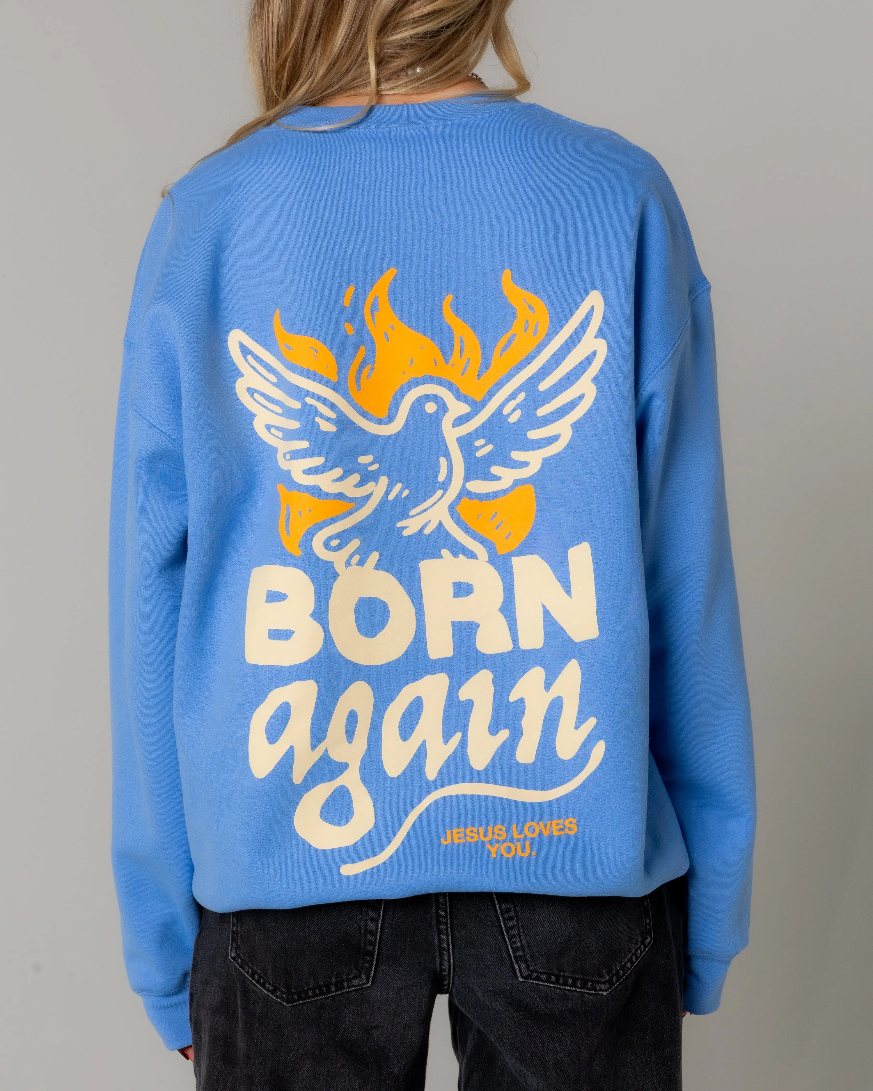 "Born Again" Dove Crewneck || University Blue Jesus Loves You
