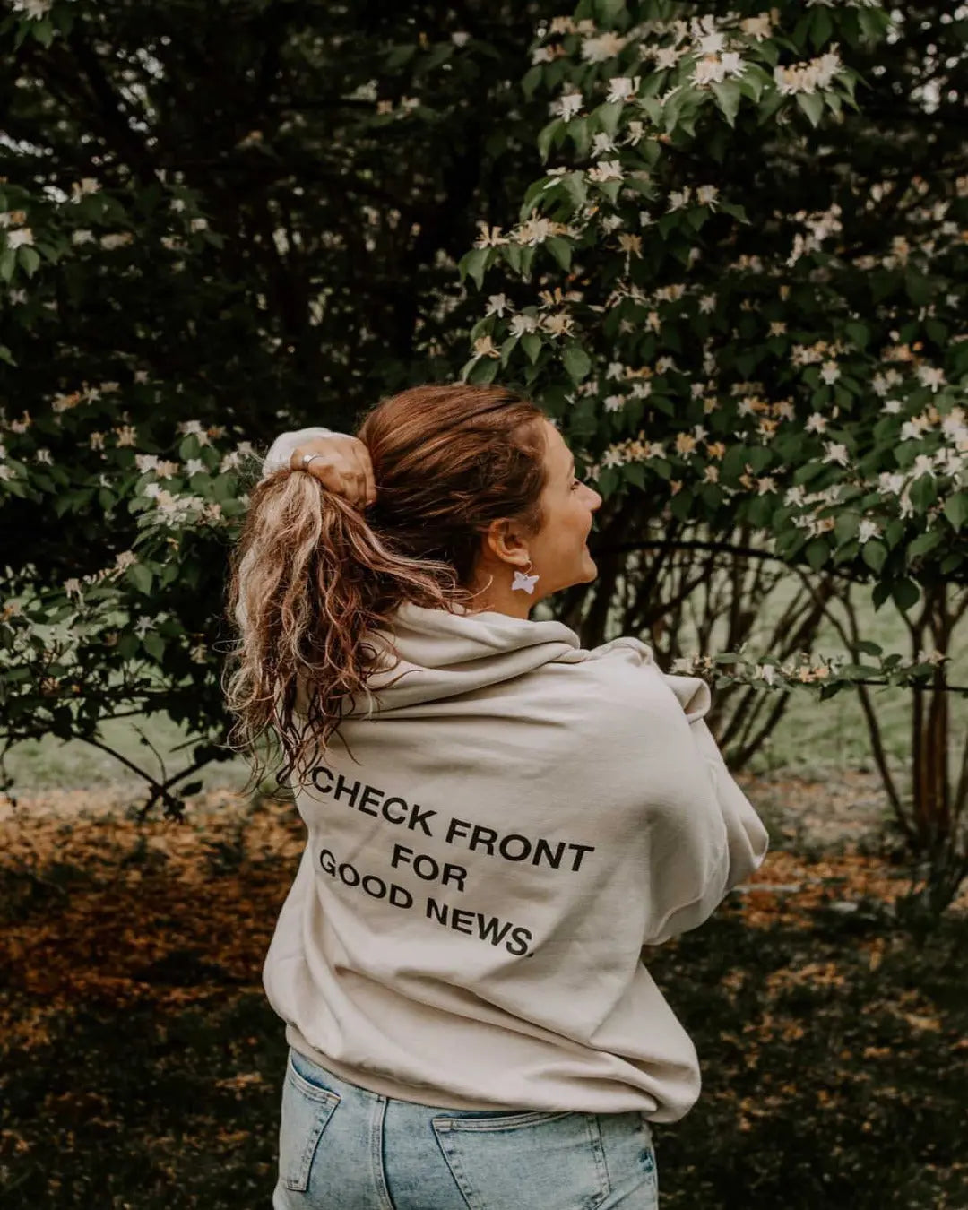 "Check Front" Sand Premium Hoodie Jesus Loves You