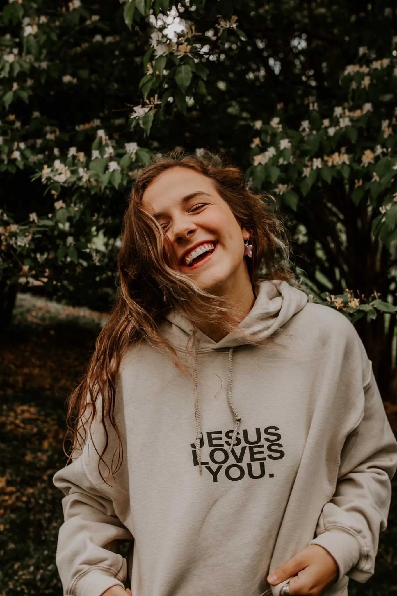 "Check Front" Sand Premium Hoodie Jesus Loves You