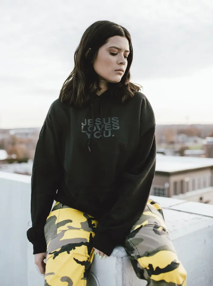 3-D Puff Print Black on Black Logo Hoodie Jesus Loves You