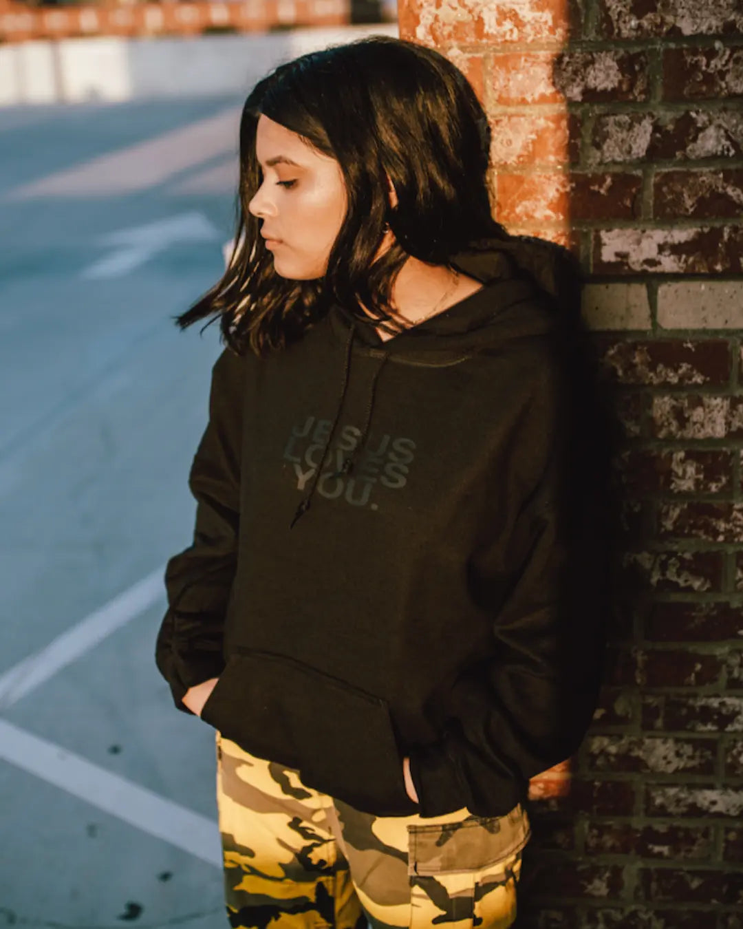 3-D Puff Print Black on Black Logo Hoodie Jesus Loves You