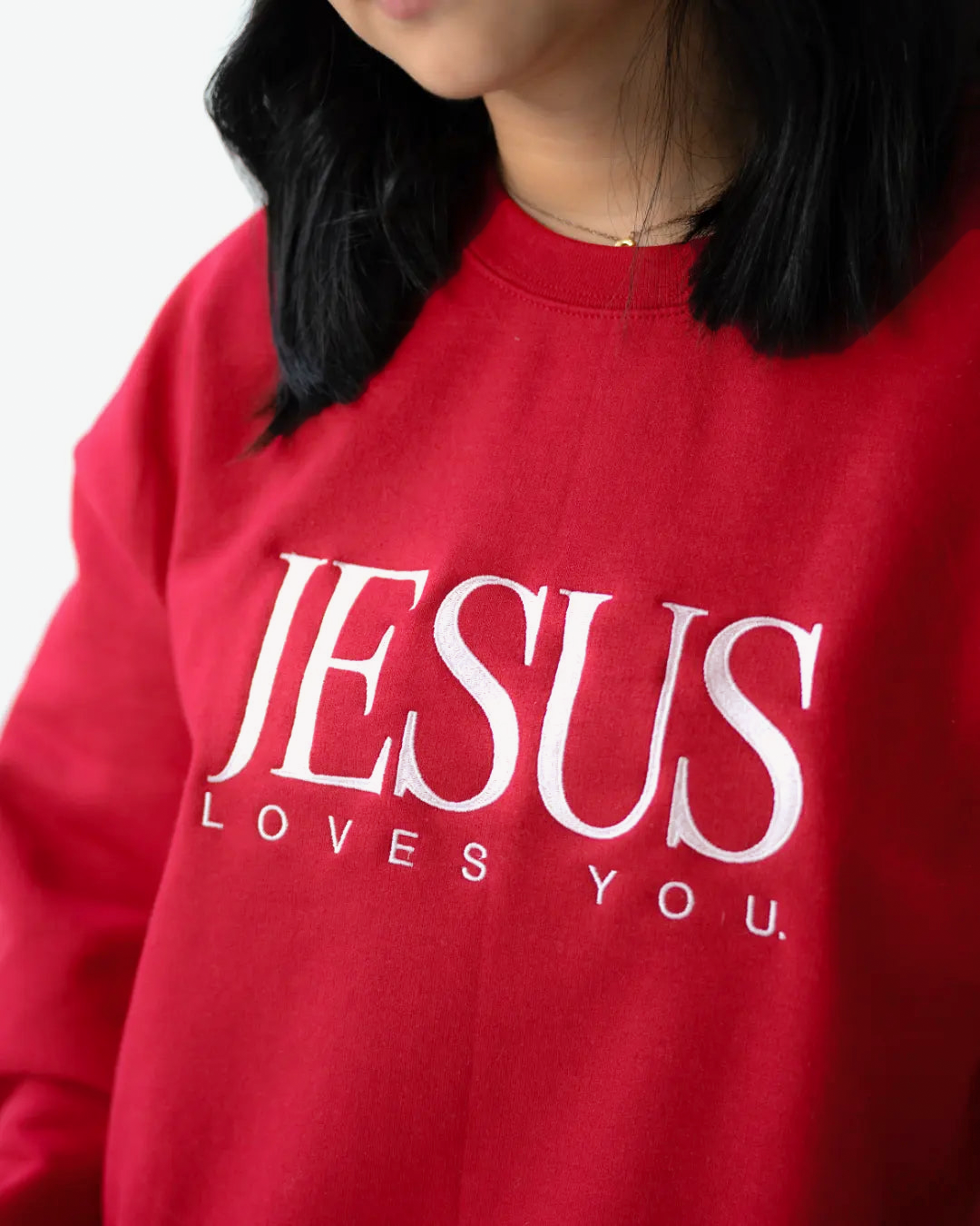 Vintage Embroidered Crew || Cardinal Red Jesus Loves You