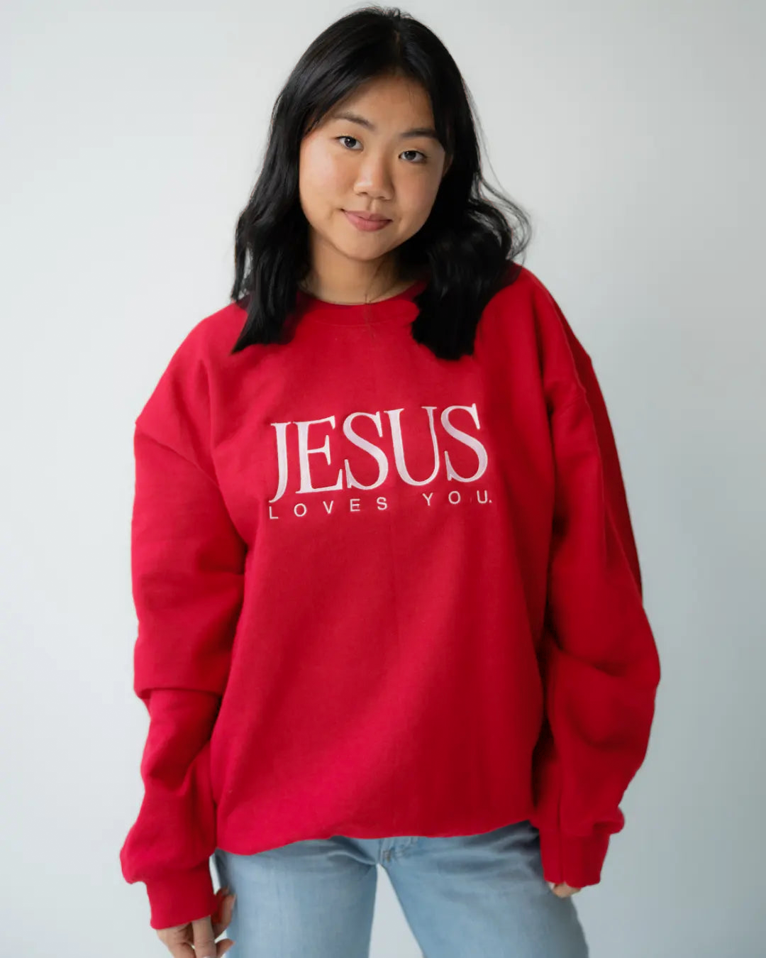 Vintage Embroidered Crew || Cardinal Red Jesus Loves You