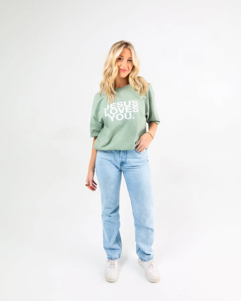 "The Earthtone Tees" - Linen/Spruce Jesus Loves You