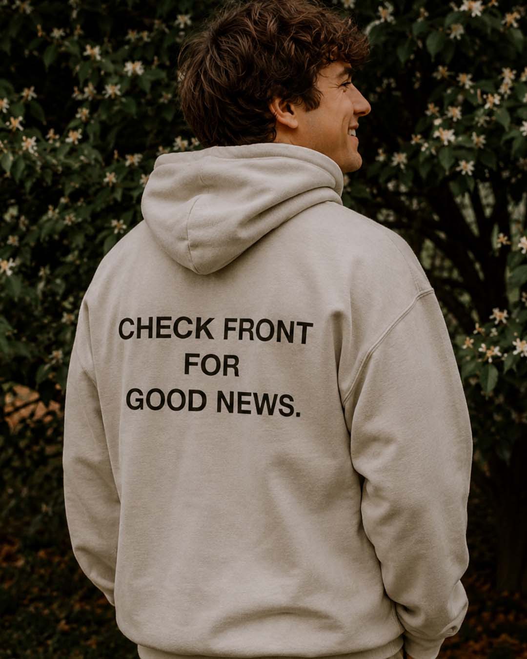 "Check Front" Sand Premium Hoodie Jesus Loves You