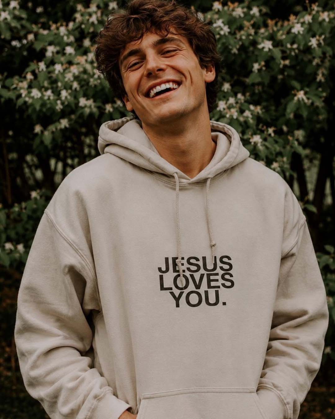 "Check Front" Sand Premium Hoodie Jesus Loves You